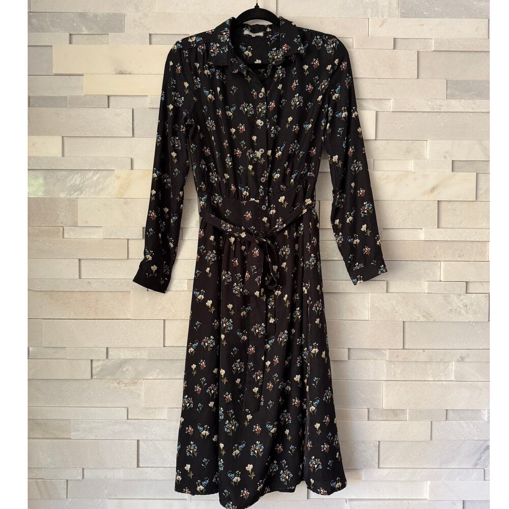 FRNCH PARIS Ditsy Floral Print Button Front Midi Shirt Dress Removable Belt S